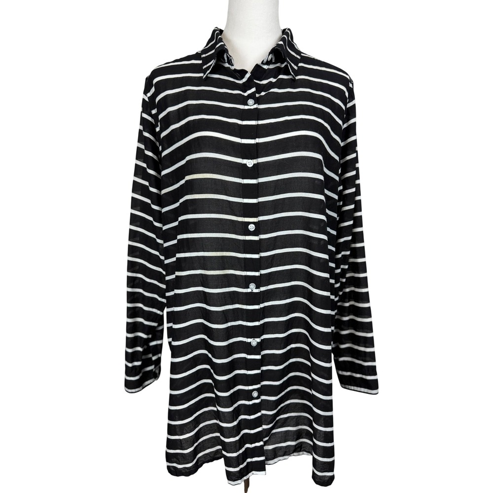 Lauren Ralph Lauren Women Cotton Shirt 1X Black White Striped Button Down Tunic